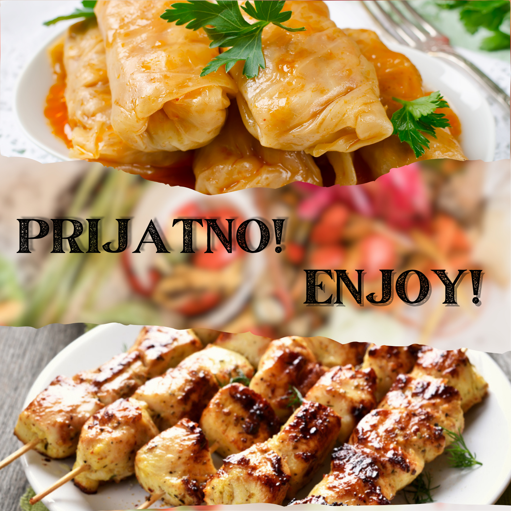 Selection of traditional Serbian food with the subtitles. "Prijatno!" and "Enjoy!"