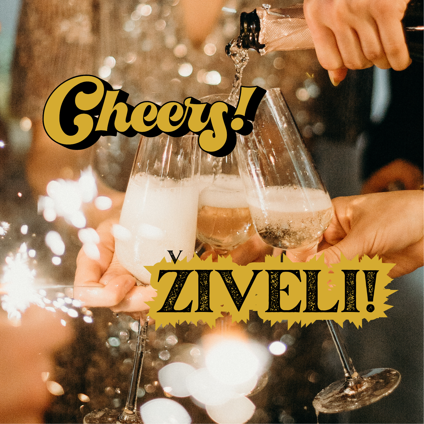 Glasses of sparkling beverage clinking. Subtitled with "Cheers!" and "Ziveli"